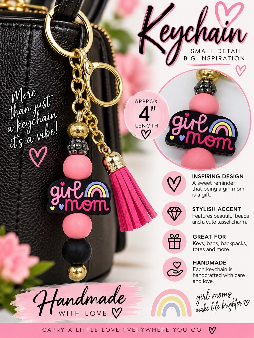 A66. Girl Mom keychain Pink & Black NWT
